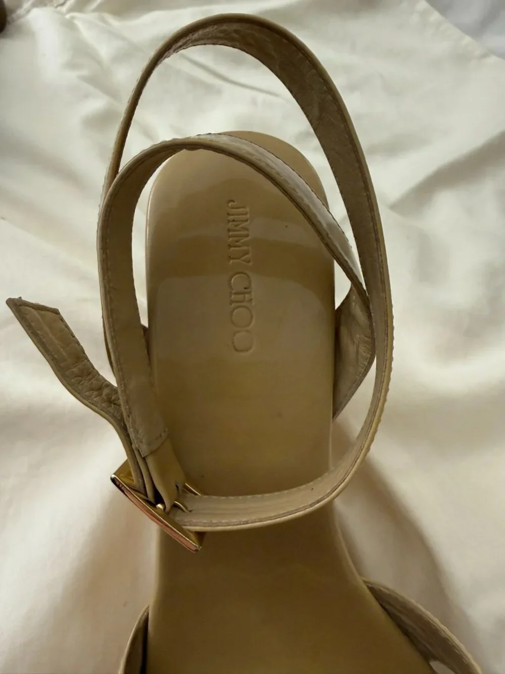 Jimmy Choo 'Papyrus' Nude Patent Leather Cork Wedges Heels Shoes Sandals Size 39